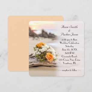 Wedding Bouquet On Beach Driftwood Invitation