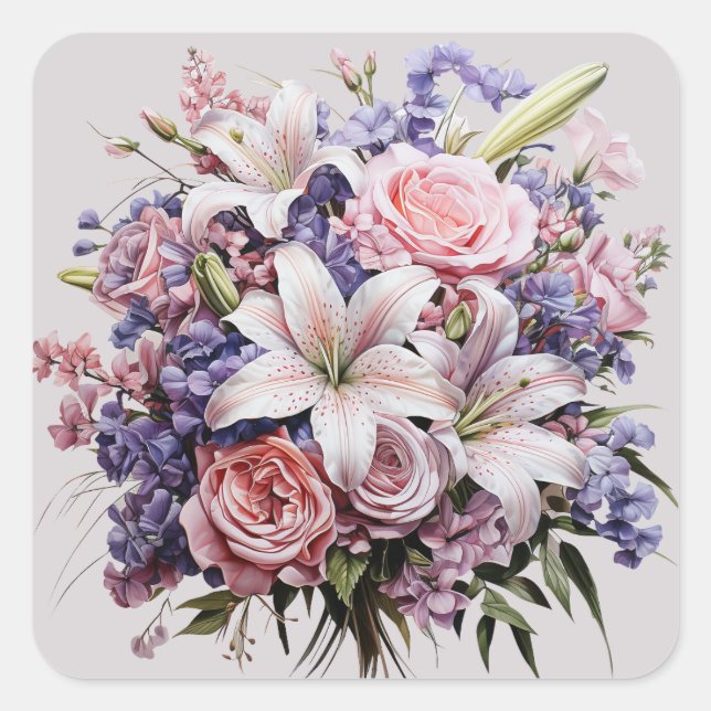 Wedding Bouquet White Pink Purple Square Sticker (Front)