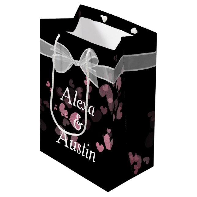 Wedding Bow On Black With Hearts Medium Gift Bag (Front Angled)