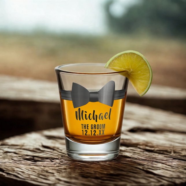 Wedding Bow Tie The Groom Shot Glass (For your Groom. Just add his name and your wedding date)