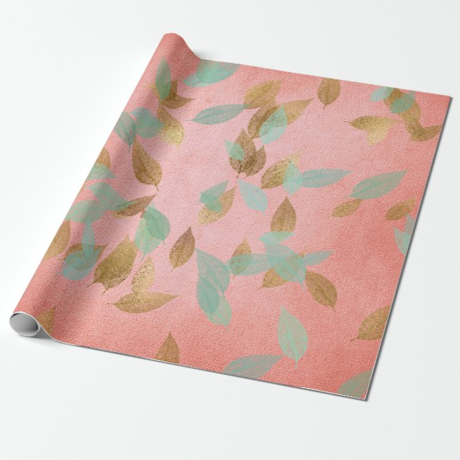 Wedding Bridal Coral Gold Falling Leafs Mint Wrapping Paper (Unrolled)