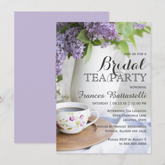 Wedding Bridal Shower Afternoon Tea Lilac Flowers Invitation (Front/Back)