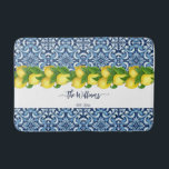 Wedding  Bridal Shower Anniversary Gift custom Bath Mat<br><div class="desc">Wedding gift,  Bridal Shower gift,  Anniversary Gift custom personalised name bath mat. Mediterranean Amalfi coast blue tiles pattern and yellow lemons with a name</div>