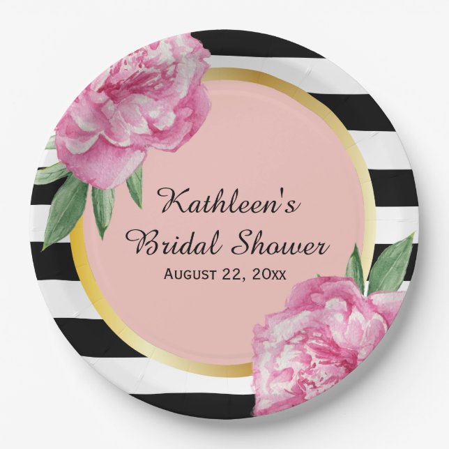 Wedding Bridal Shower Black Stripes Floral Glam Paper Plate (Front)