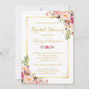 Wedding Bridal Shower Chic Floral Golden Frame Invitation