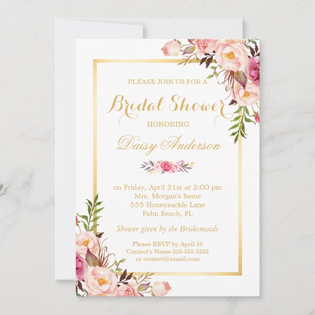 Wedding Bridal Shower Chic Floral Golden Frame Invitation (Front)