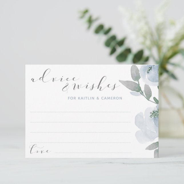Wedding Bridal Shower Dusty Blue Grey Watercolor Advice Card (Standing Front)