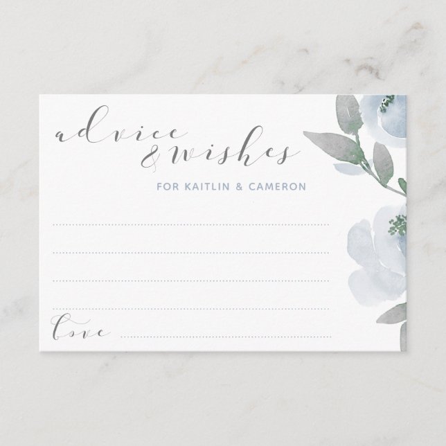 Wedding Bridal Shower Dusty Blue Grey Watercolor Advice Card (Front)