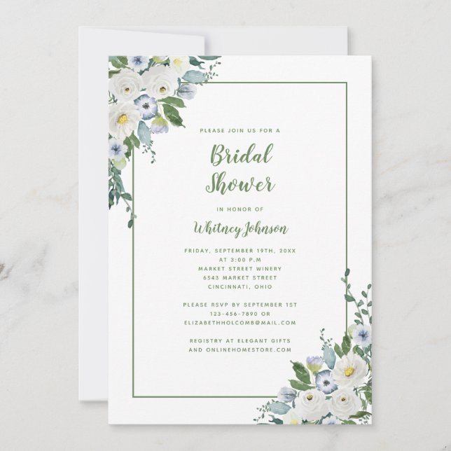 Wedding Bridal Shower Elegant Floral Green White Invitation (Front)