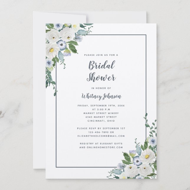 Wedding Bridal Shower Elegant Floral Grey White Invitation (Front)