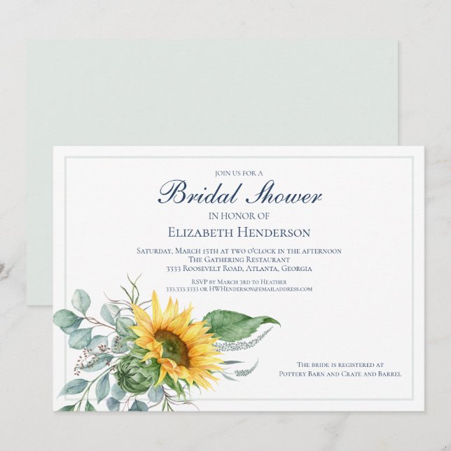 Wedding Bridal Shower Eucalyptus Sunflower  Invitation (Front/Back)