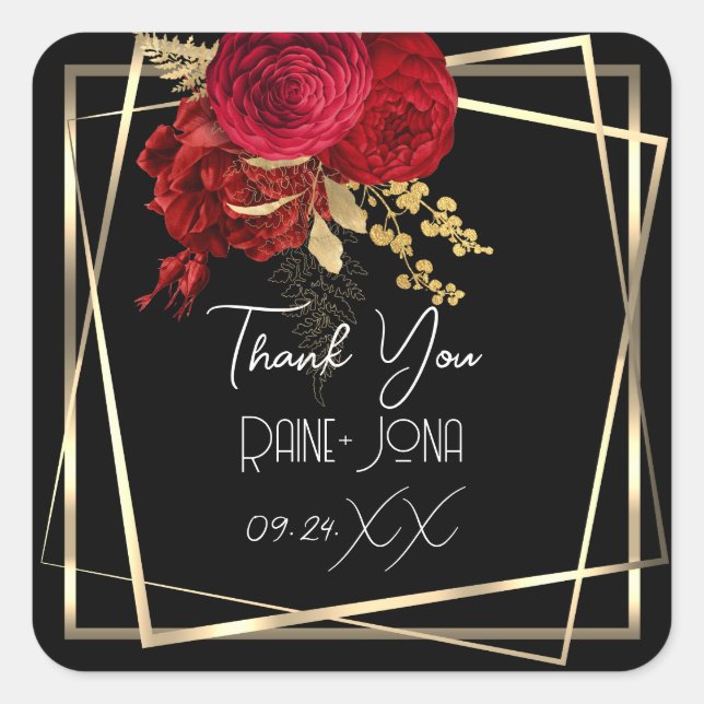 Wedding Bridal Shower Favor Red Floral Black  Square Sticker (Front)