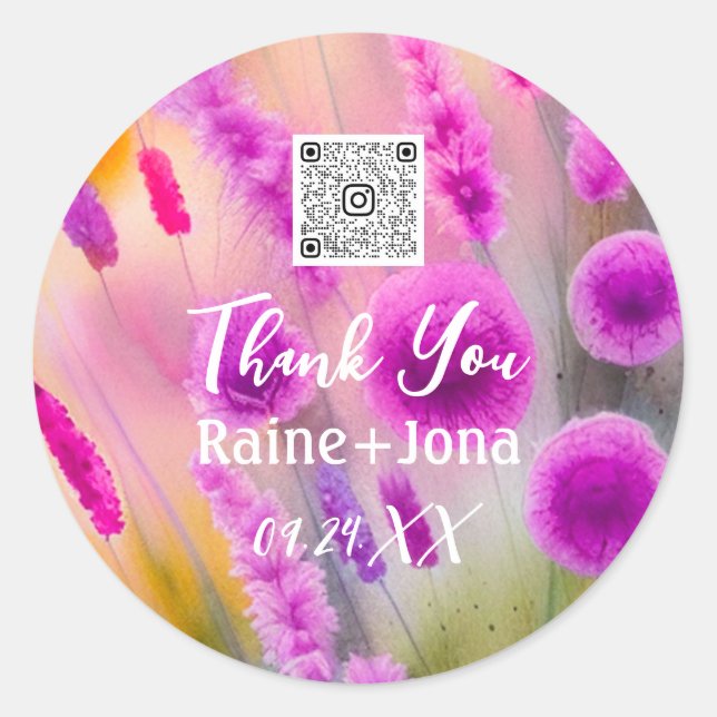 Wedding Bridal Shower Favour Purple Flowers QR Cod Classic Round Sticker (Front)