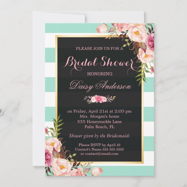 Wedding Bridal Shower Floral Mint Green Stripes Invitation (Front)