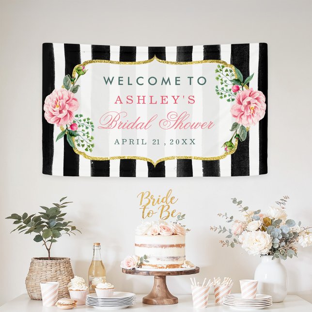 Wedding Bridal Shower Romantic Floral Stripes Banner (Creator Uploaded)