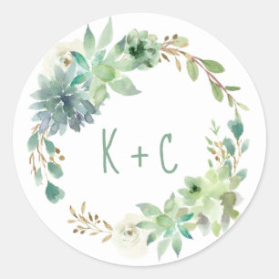Wedding Bridal Shower Succulents Cactus Watercolor Classic Round Sticker