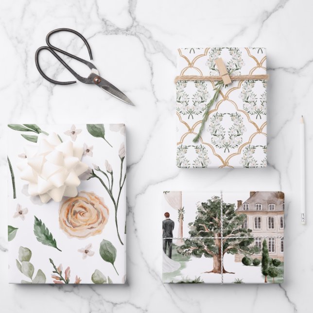 Wedding Bridal Shower Watercolor Wrapping Paper Sheet (Front)