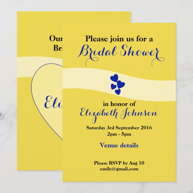Wedding bridal shower yellow and blue with hearts invitation (Front/Back)