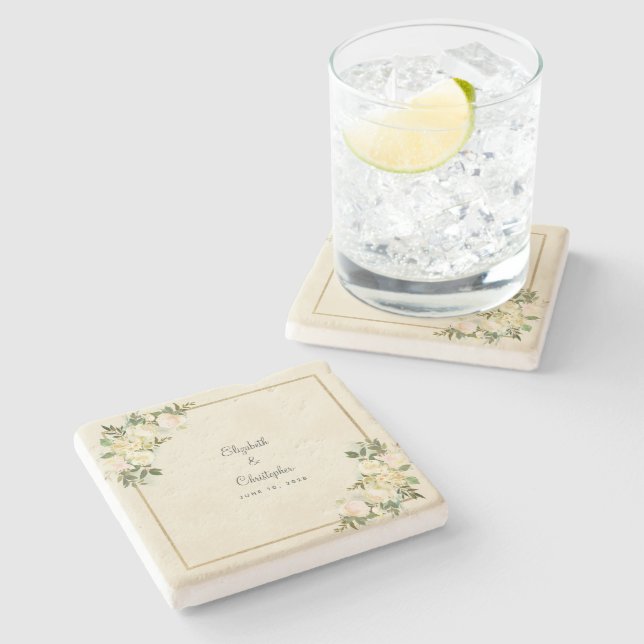 Wedding Bride and Groom Elegant Rose Floral Ecru Stone Coaster (Side)