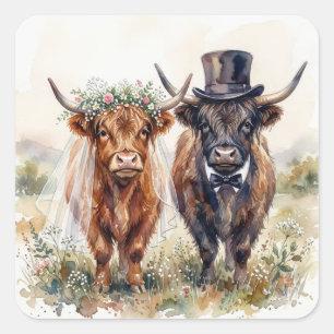 Wedding Bride and Groom Highland Cows Square Sticker