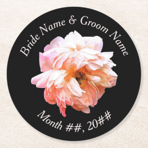Wedding Bride and Groom Peach Peony Round Paper Coaster