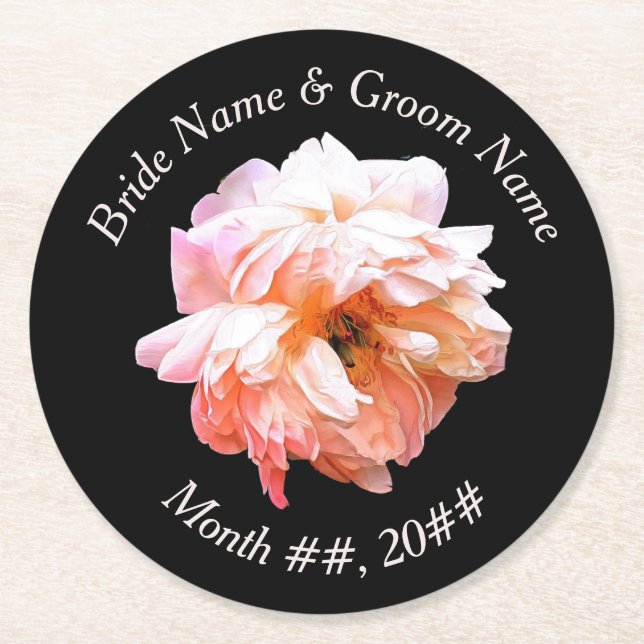 Wedding Bride and Groom Peach Peony  Round Paper Coaster (Front)