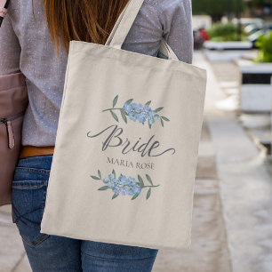Wedding Bride Blue Botanical Floral Personalised Tote Bag