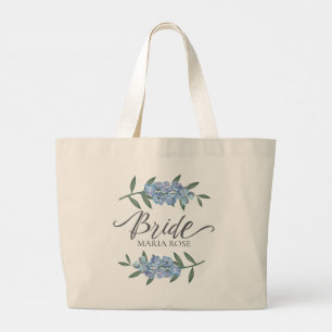 Wedding Bride Blue Floral Garland Personalised Large Tote Bag