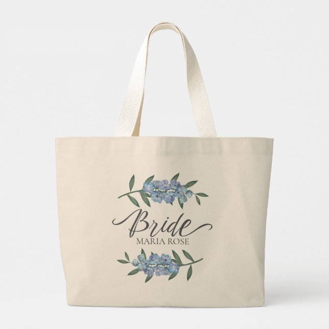 Wedding Bride Blue Floral Garland Personalised Large Tote Bag (Back)