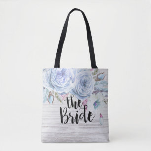 Wedding Bride Boho Flowers Feathers Rustic Wood Tote Bag