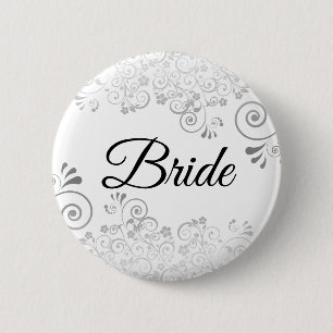 Wedding Bride Button Silver Floral Ornate Filigree