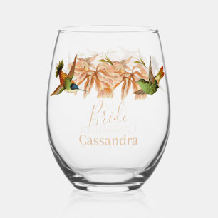 Wedding Bride Gift Hummingbird Watercolor Stemless Wine Glass
