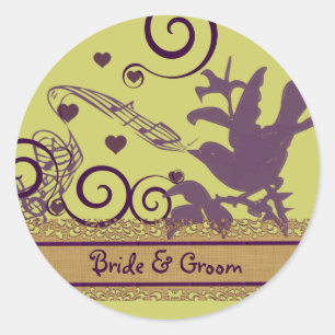 Wedding Bride & Groom Bird Swirl Purple & Lime Classic Round Sticker
