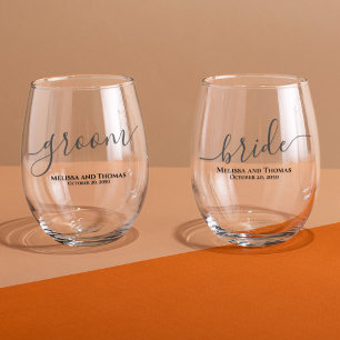 Wedding Bride Groom Calligraphy Personalised Stemless Wine Glass
