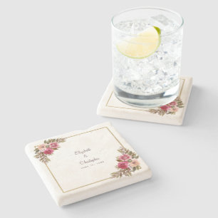 Wedding Bride & Groom Elegant Watercolor Floral Stone Coaster