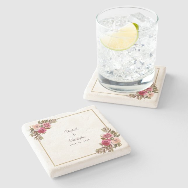 Wedding Bride & Groom Elegant Watercolor Floral  Stone Coaster (Side)