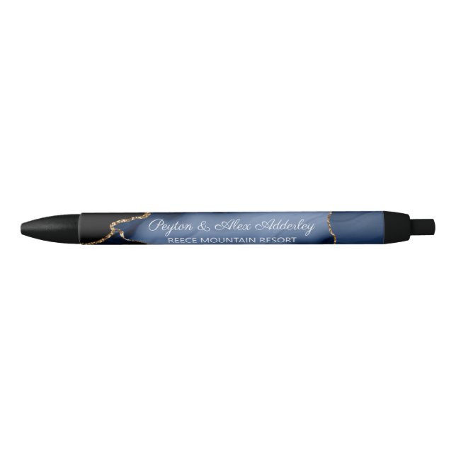 Wedding Bride Groom Guest Gift Blue Marble Black Ink Pen (Front)