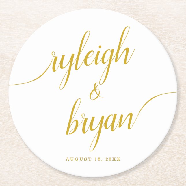 Wedding Bride & Groom Handwritten Calligraphy Round Paper Coaster (Front)