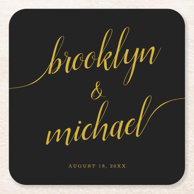 Wedding Bride & Groom Handwritten Calligraphy Square Paper Coaster (Front)