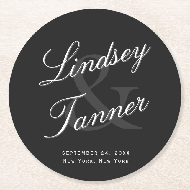 Wedding Bride & Groom in Elegant Shadowed Script Round Paper Coaster (Front)