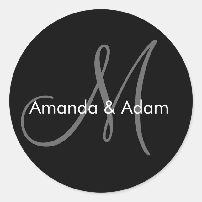 Wedding Bride Groom Names Monogram Black Grey Classic Round Sticker (Front)