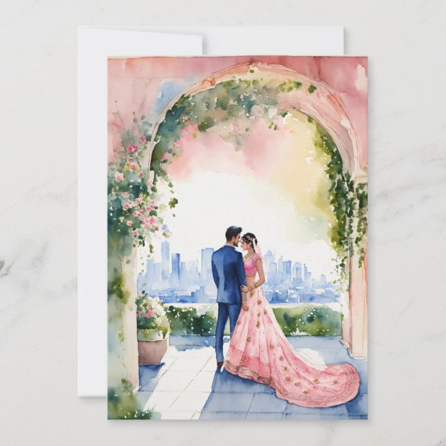  wedding, bride, groom, pink lehenga, garden invitation (Front)