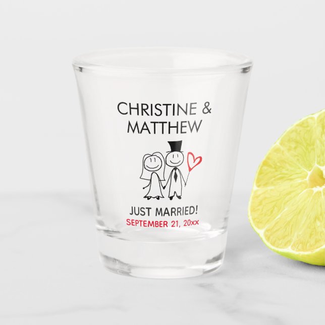 Wedding Bride Groom Stick Figure Cute Cartoon Shot Glass (Front)