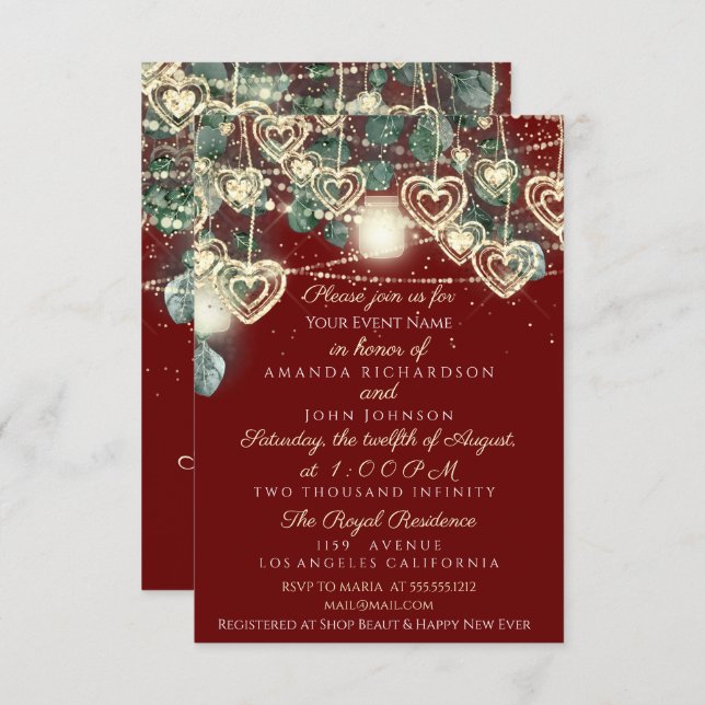 Wedding Bride Rustic Wood Gold Maroon Mint He Invitation (Front/Back)