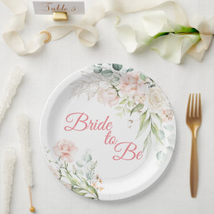 Wedding Bride To Be Floral Elegant Pink Script Paper Plate