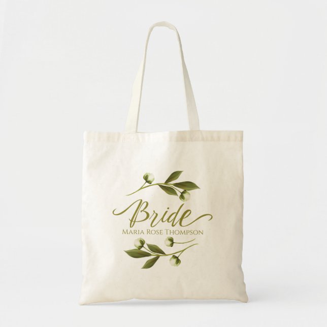 Wedding Bride White Beautiful Peony Personalised Tote Bag (Front)