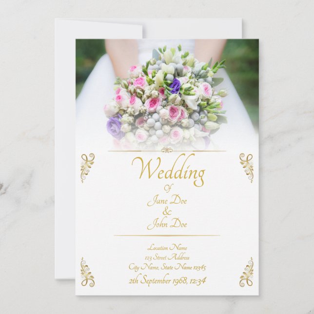 Wedding - bride with colourful wedding bouquet announcement (Front)