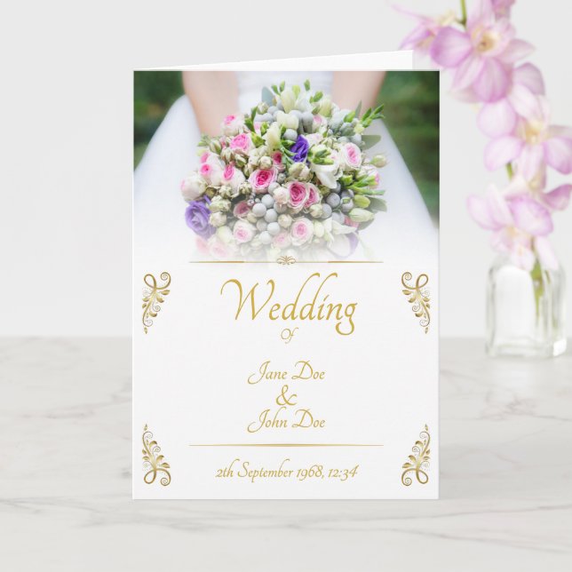 Wedding - bride with colourful wedding bouquet card (Orchid)