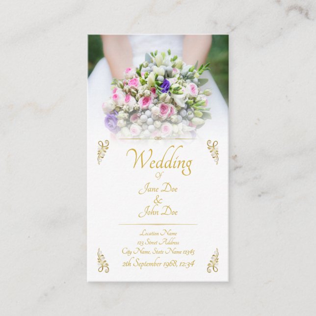 Wedding - bride with colourful wedding bouquet enclosure card (Front)