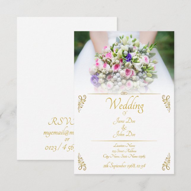 Wedding - bride with colourful wedding bouquet invitation (Front/Back)